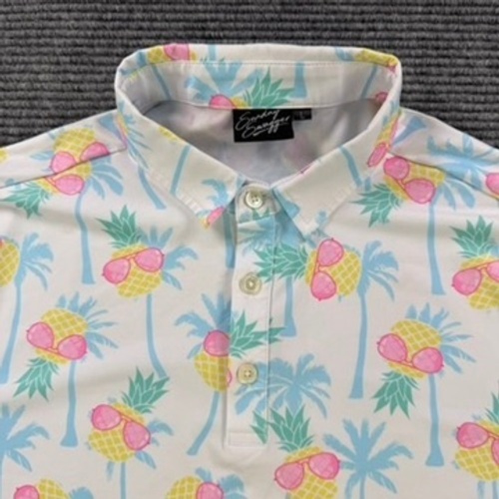Sunday Swagger Mens Large Golf Polo Shirt Pineapple Palm Tree Tropical White Top - Picture 4 of 12